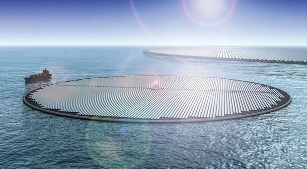 Eine Utopie der Solarinseln: Auf dem Schiff links befänden sich alle Anlagen zur Produktion von Methanol. - © Grafik: Novaton
 Eine Utopie der Solarinseln: Auf dem Schiff links befänden sich alle Anlagen zur Produktion von Methanol.