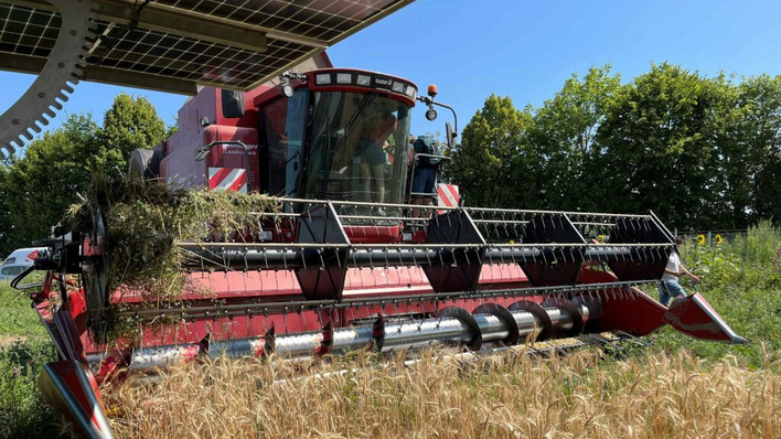 © Verein Energiepark Bruck/Leitha Die Tracker sind in eine Erntestellung gefahren, damit die Mähdrescher ungehindert ernten können.