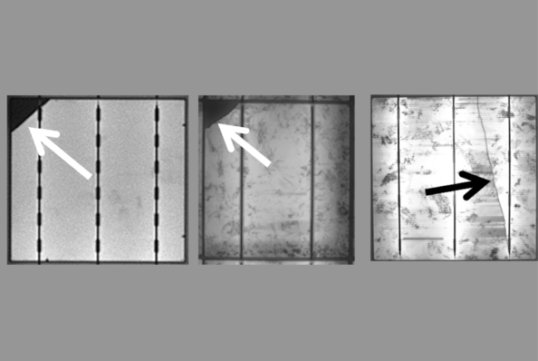 © Fraunhofer CSP Ungleichmäßige Helligkeit in der Elektrolumineszenz (Schachbrettmuster) kann ein Indikator für Degradationen sein. Hier ist sie für TopCon-Module dargestellt.