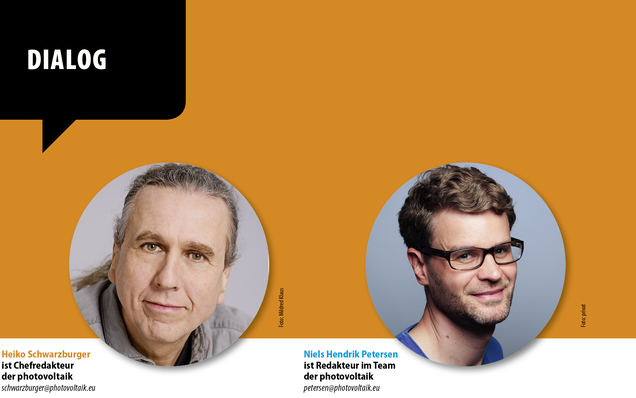 Zwei Männer sind in getrennten kreisförmigen Rahmen auf orangefarbenem Hintergrund mit der Überschrift "DIALOG" über ihnen zu sehen.